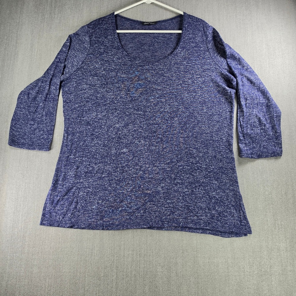 Slinky Brand Knit Top Women 1X Blue Space Dye 3/4 Sleeve Scoop Neck Rayon Blend